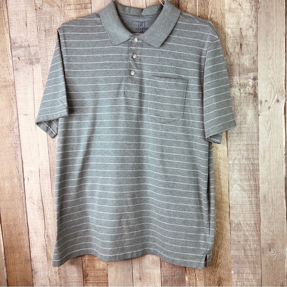 George Large(42-44) HoneyDew/Sage Green Striped White Short Sleeve Polo …